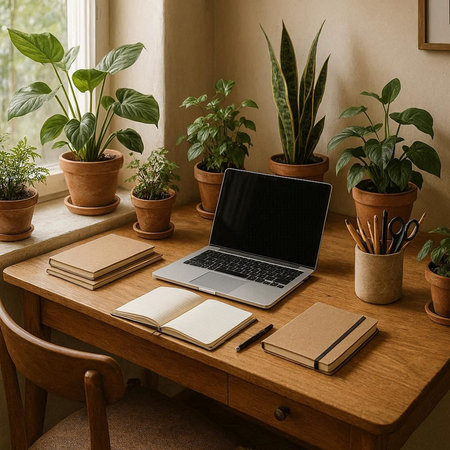 Laptop with blank screen on wooden table with houseplants. Workplace at home concept.