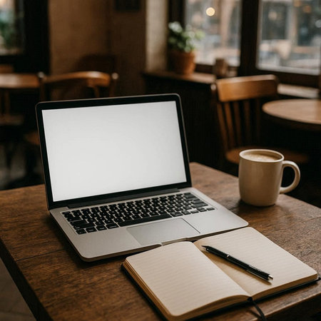 Mockup image of laptop with blank white screen, notebook and pen on wooden table in cafe