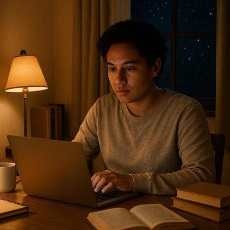 Young african american man using a laptop computer at night.