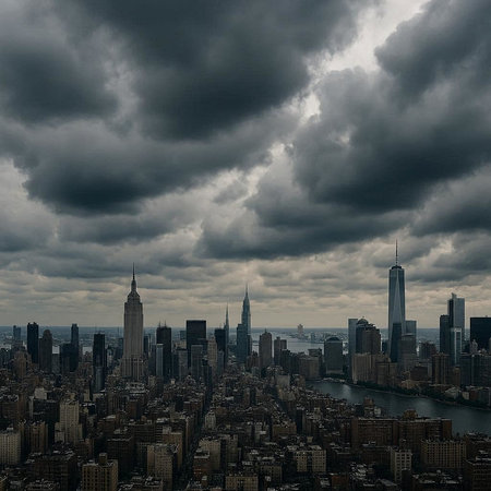 New York City Manhattan skyline panorama with skyscrapers and dramatic sky.