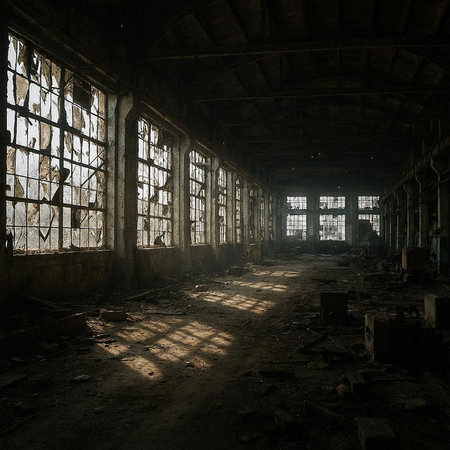 Interior of an old abandoned factory building with sunlight passing through the windowsの写真素材