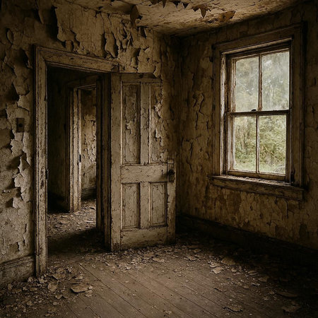 Old abandoned room with windows and door. 3d render image.の写真素材