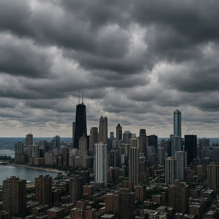 Chicago skyline aerial view with skyscrapers and lake Michigan, USA