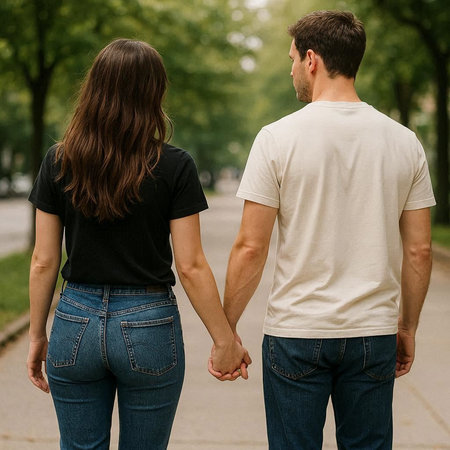 Back view of young couple holding hands and looking at each other while walking in the park