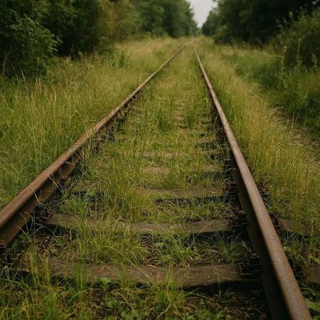 Railway tracks in the green grass of the forest. Selective focus.