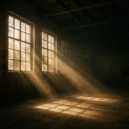 An image of an old abandoned factory building with sunlight coming through the window.