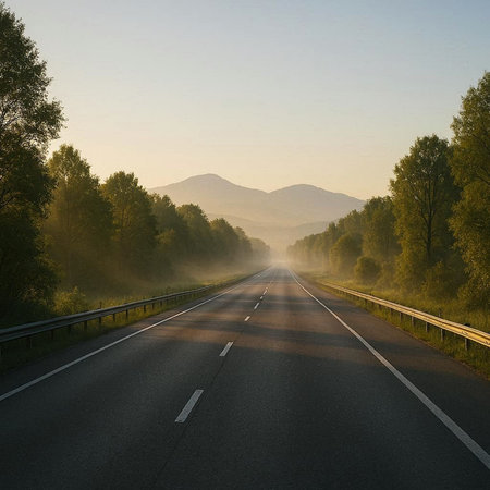 Sunset on the road in the mountains. Landscape with fog and trees.