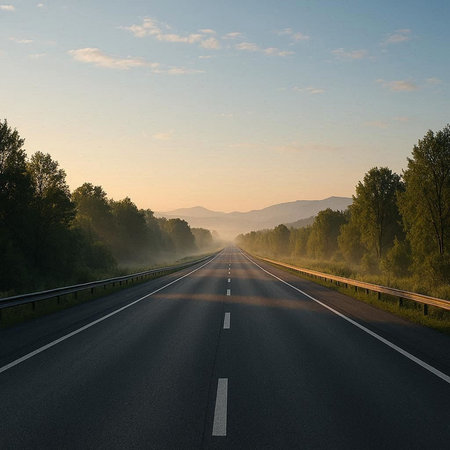Asphalt road in the morning fog. Beautiful summer landscape with asphalt road