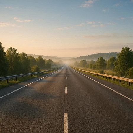 Road in the morning fog. Beautiful summer landscape with asphalt road.