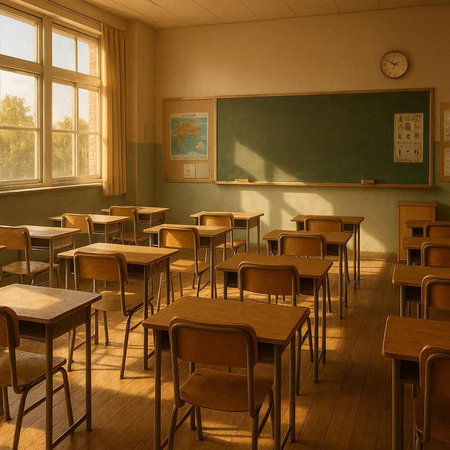 Classroom with empty desks and chairs in a school. 3d render