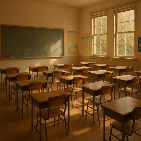 Classroom with desks and chairs in an old school, 3d render