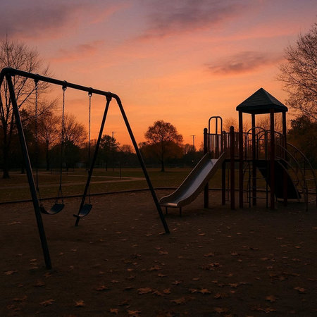 Playground in the park at sunset with a swing in the foregroundの写真素材