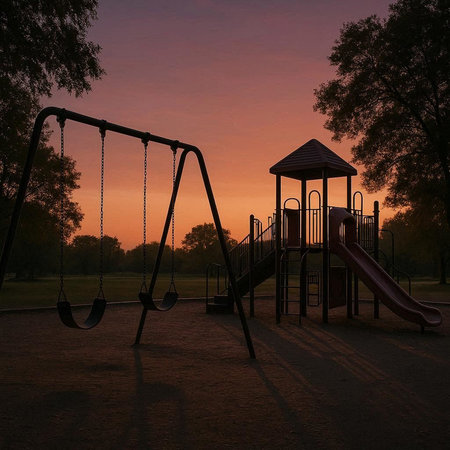 Playground at sunset in the park. 3d render illustration.