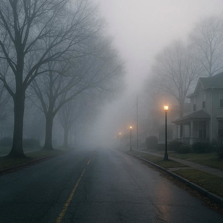Morning fog on the street in the suburbs of Toronto, Canada.