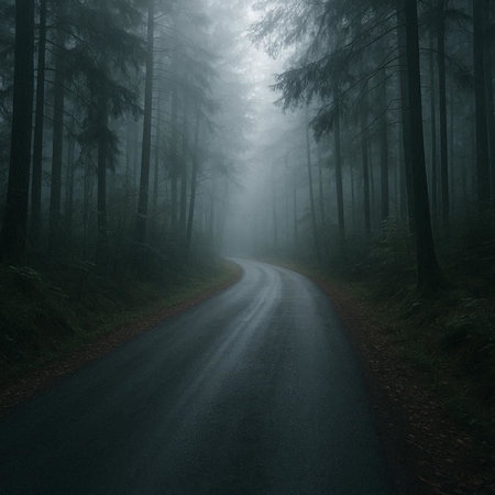 Mysterious road in a dark forest with fog in the background