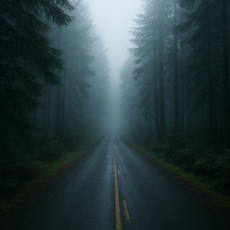Foggy road in the coniferous forest in the morning