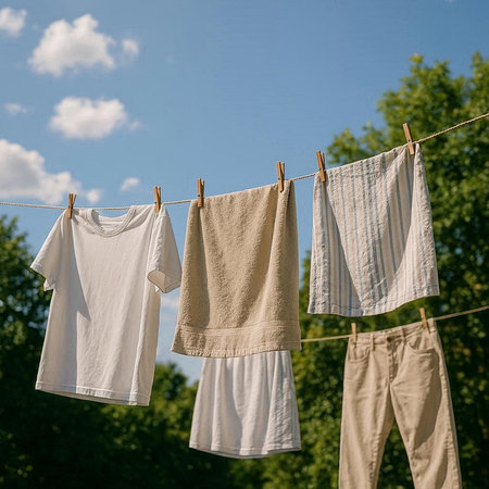 Washing clothes on a clothesline against the background of the summer landscape.