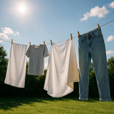 Drying clothes on a clothesline in the garden. T-shirt and jeans.