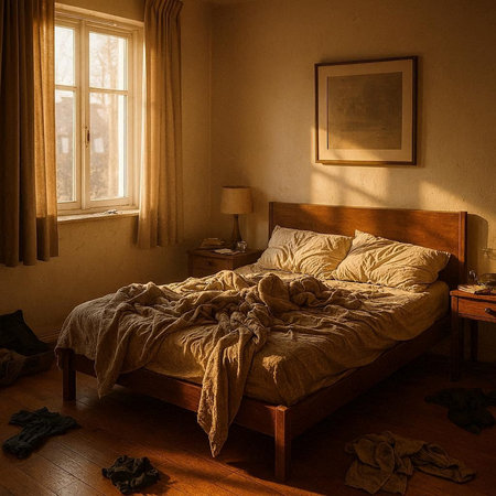 Interior of a hotel bedroom with a wooden bed and a window