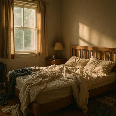 Wooden bed in a room with curtains and a window in the background