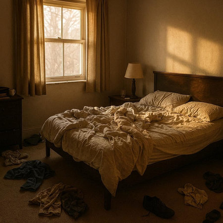 Interior of a hotel room with a bed and a window.