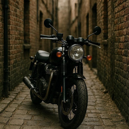 Motorcycle parked on a cobblestone street in the old town