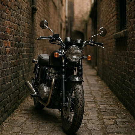 Vintage custom motorcycle parked in old city street. Biker lifestyle.