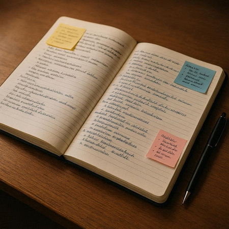 Notebook and pen on a wooden table with a sticky note.