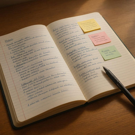 Notebook with sticky notes and pen on a wooden table, selective focus