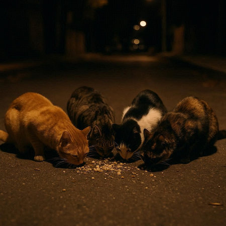 A group of stray cats eating food in the street at night.