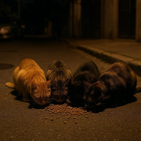 Homeless cats eating food in the street at night. Homeless animals.の写真素材