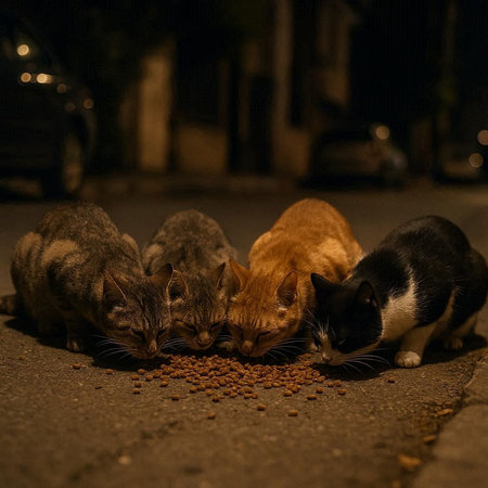 Group of stray cats eating food on the street at night. Selective focus.