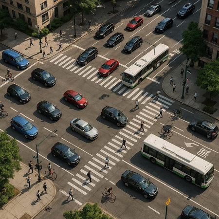 Aerial view of crosswalk in New York City, USA.