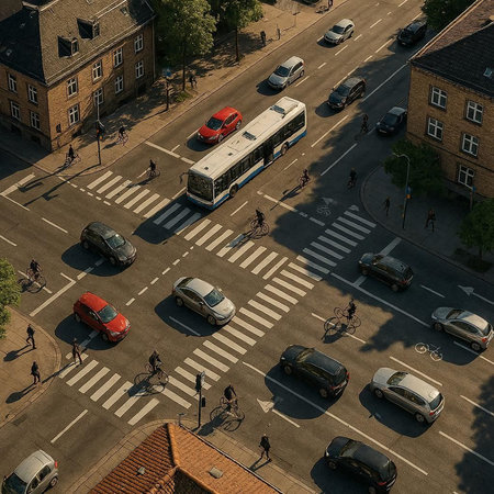Aerial view of the crosswalk and traffic in the city.