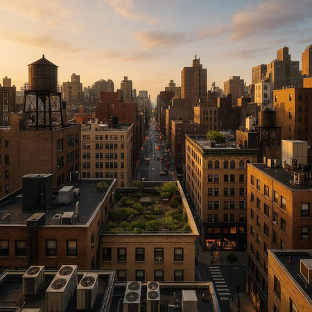 Aerial view of Manhattan at sunset, New York City, USA.