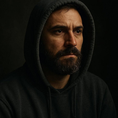 Portrait of a man with a beard in a hood on a black background