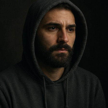 Portrait of a bearded man in a hood on a dark backgroundの写真素材