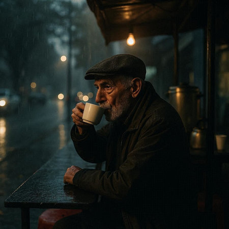 Old man in a cap with a cup of coffee in the rain.