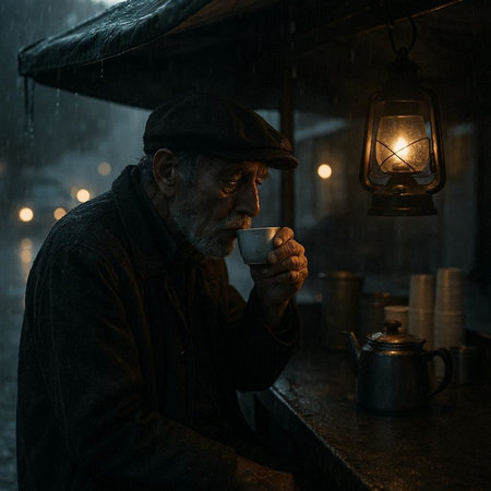 Old man drinking coffee at night in the rain, looking at the camera