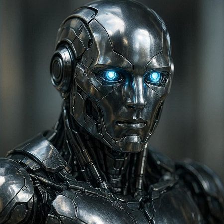 Close up of a female robot in a dark room with a blurred background
