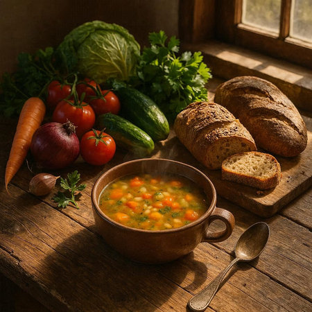 Vegetable soup with fresh vegetables and bread on old wooden table