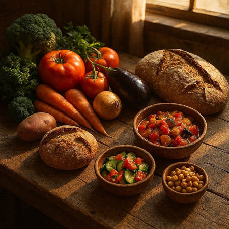 Vegetables and bread on a rustic wooden table. Healthy food.