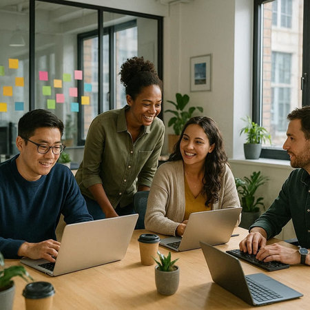 Group of multiethnic businesspeople working on laptop together in creative office