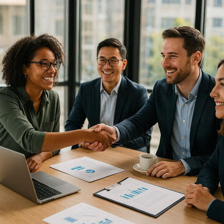 Smiling business people shaking hands with each other at meeting in office