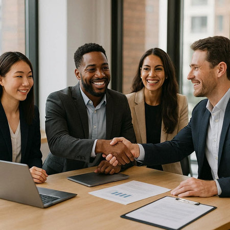 Group of business people shaking hands at meeting in office, finishing up a meeting