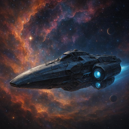 Space ship in deep space with stars and nebula 3D rendering