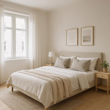 Interior of modern bedroom with white walls, wooden floor and comfortable king size bed. 3d render
