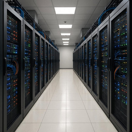 3d render of server room data center with hard drives and racks
