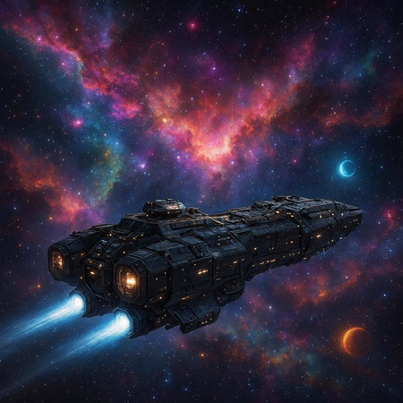 Space ship in the universe. 3D rendering. Space background.