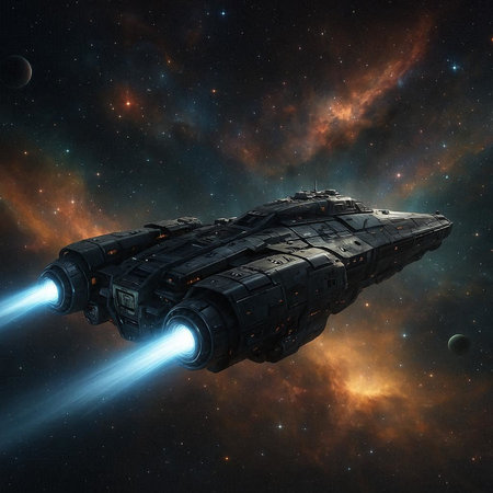 Space ship in deep space. Cosmos art. 3D rendering.